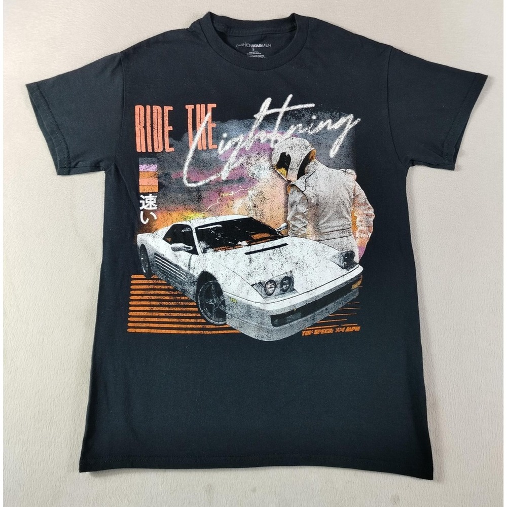 Fashion Nova Shirt Mens Small Black Ride The Lightning‎ Racing Car Graphic Tee